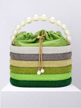 Pearl-Handle Green Satin Top Women's Evening Bag